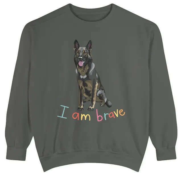 Garment-Dyed Sweatshirt for Men and Women with Giant Working Line Black Sable Sloppy Sitting Leaving Tongue Out and Caption I am Brave