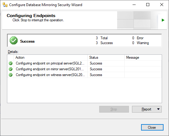 Configure database mirroring security wizard configuring endpoints success