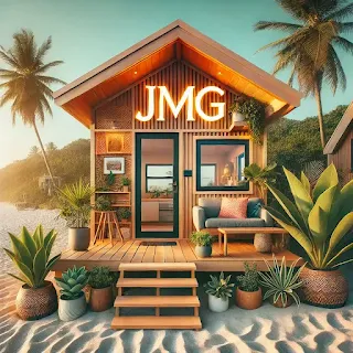 Beautifully designed tiny home on a sandy beach with large glass doors, wooden steps, lush potted plants, and the word 'JMG' prominently displayed above the entrance.