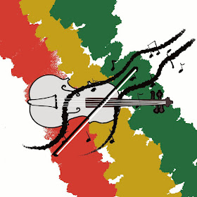 The cover features an illustration of a violin and bow with musical notes flowing out of it; in the background is three slashes of red, gold, and green, representing reggae and Rastafarianism.