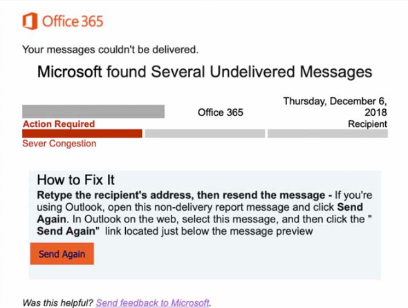 هجوم تصيد إحتيالي جديد يتظاهر بأنه رسالة غير قابلة للتوصيل في Office 365