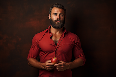 man with beard holding apple