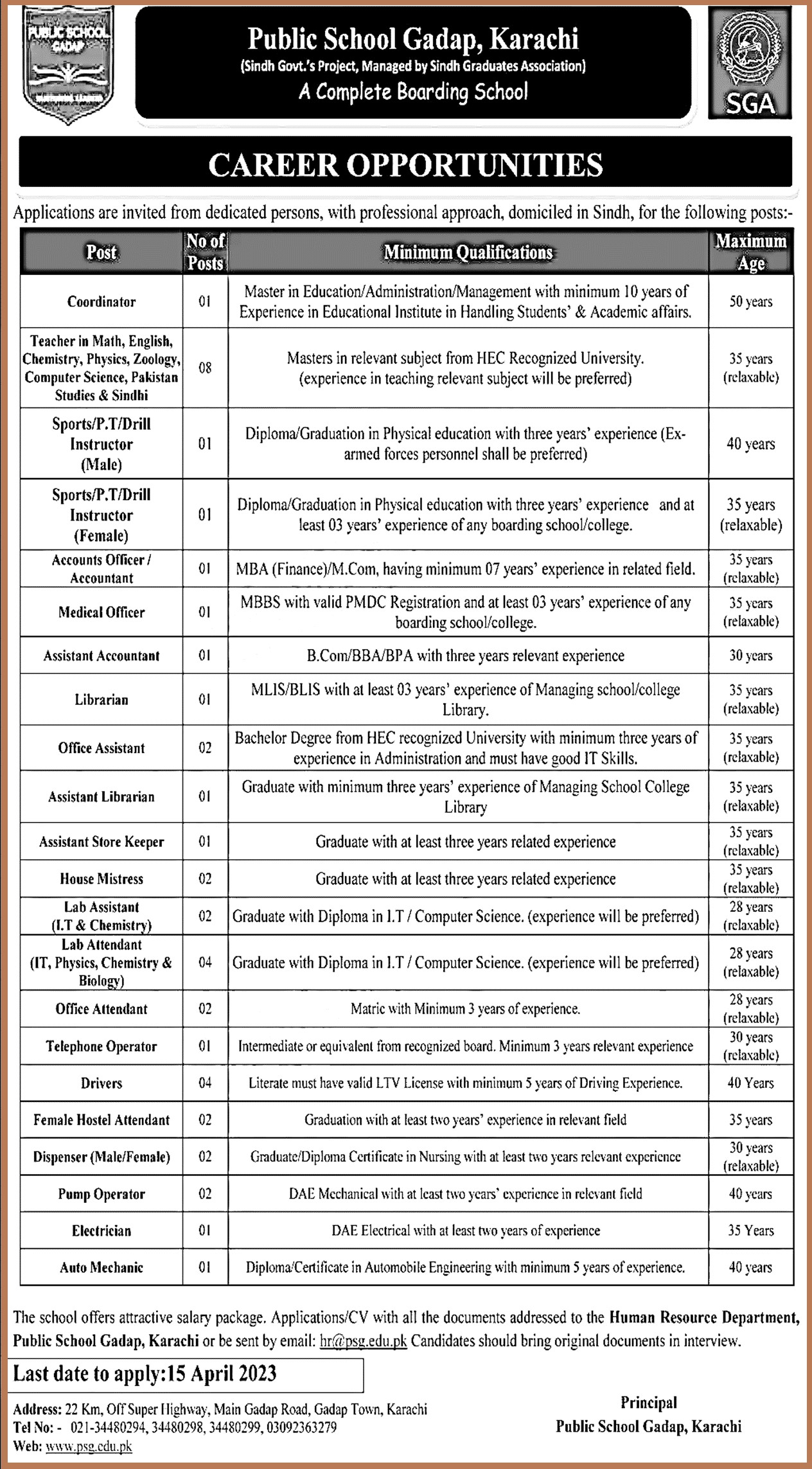 Public School Gadap (PSG) Karachi Jobs 2023