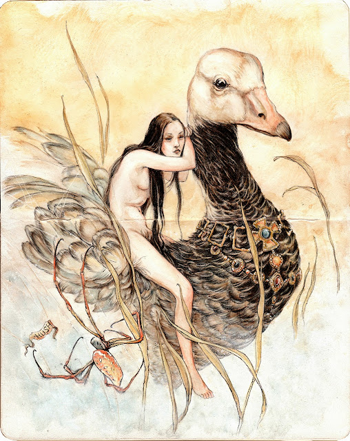 A fantasy illustration featuring a girl riding a goose