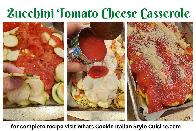 recipe collage for zucchini tomato cheese casserole