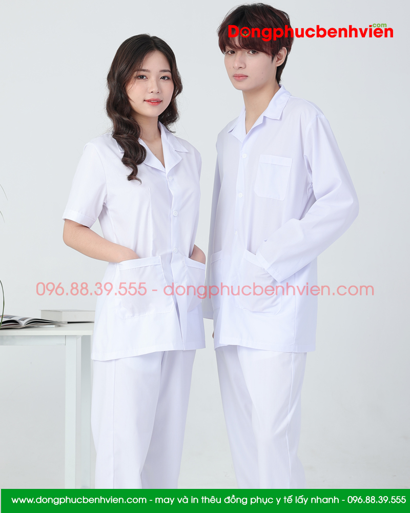 Áo blouse trắng nam nữ cộc tay, dài tay dáng ngắn cho dược sĩ, điều dưỡng, y tá
