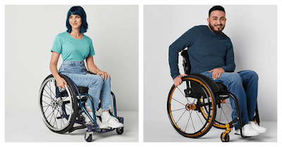 2 photos side-by-side of models sitting in wheelchairs wearing adaptive jeans from JCPenney.