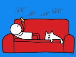 An animation. A generic stick character is lying on a sofa, alone. He is bored, looking at his phone, with little stimulation. (There is a cat.)