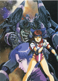 Amano (left) and Noriko (right) from Gunbuster, with the eponymous robot in the background