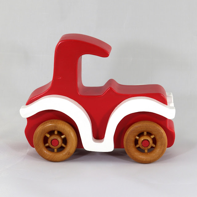Wood Toy Car, Classic Model-T Sedan, Finished in Bright Red, White, & Amber Shellac, Bad Bob's Custom Motors
