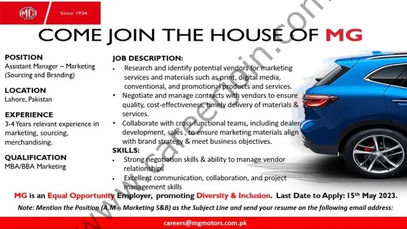 MG Motor Pakistan Jobs Assistant Manager Marketing