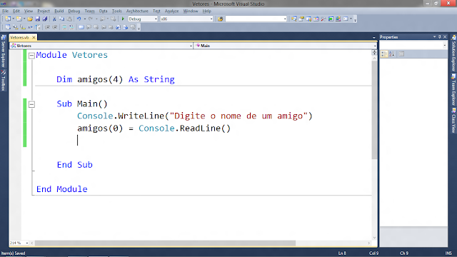 Console.WriteLine("Digite o nome de um amigo")    amigos(0) = Console.ReadLine()