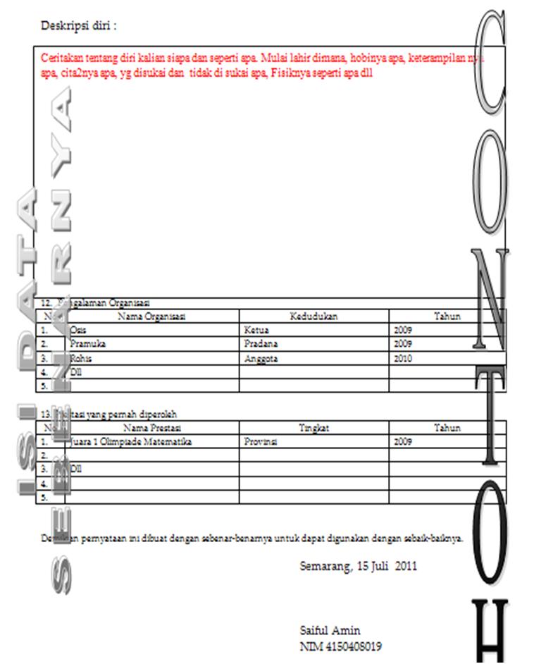 Contoh Isi Biodata Lengkap - Fontoh