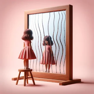 a girl looking at a distorted mirror