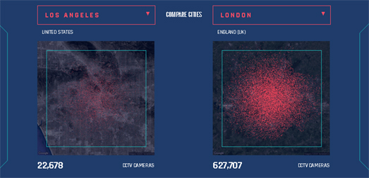 a side-by-side comparison of London and Los Angeles maps, showing the density of CCTV cameras in each city