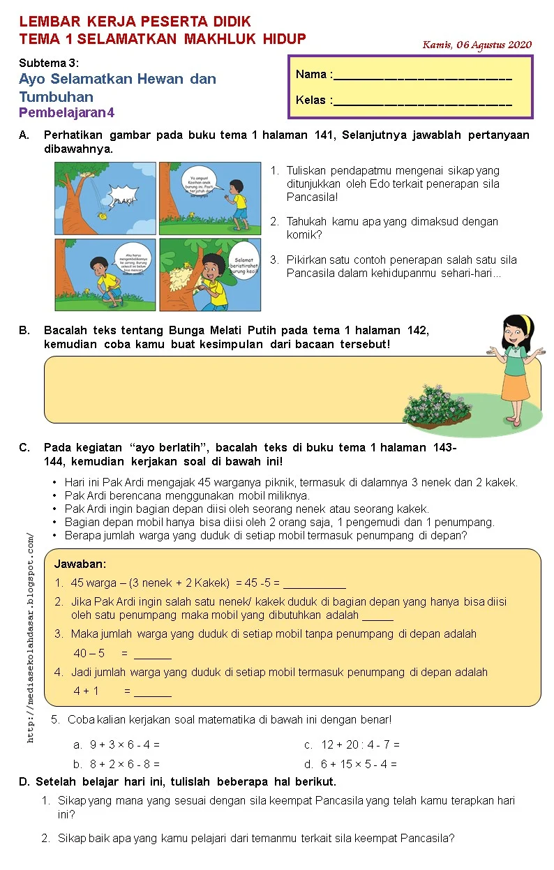 MEDIA PENDIDIKAN DASAR: LKPD TEMA 1 SUBTEMA 3 PEMBELAJARAN 4