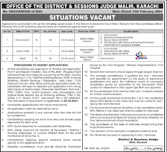 Court Jobs 2024 - District & Session Judge Karachi 2024