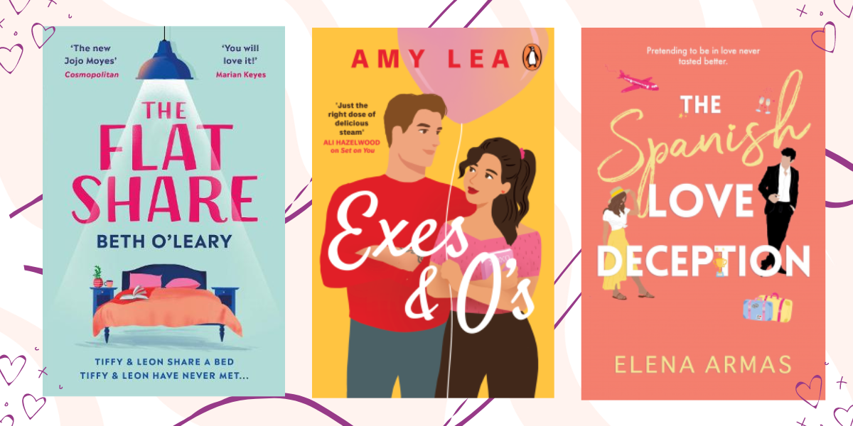 A collage of 3 book covers on a pink and white background with heart doodles. The books are The flat share by Beth O'Leary, Exes and O's by Amy Lea and The Spanish Love Deception by Elena Armas