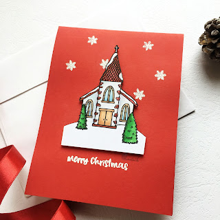 Janes doodles Winter village, CAS Christmas card, Red cardstock, Red card for Christmas, Quillish