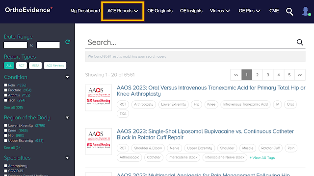 web page showing a list of ACE reports on OrthoEvidence