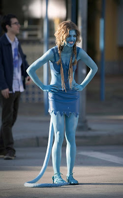 AnnaLynne McCord dressed as an Avatar on the set of 