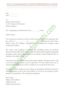 Admission Letter to a Student for Being Selected in an Institute