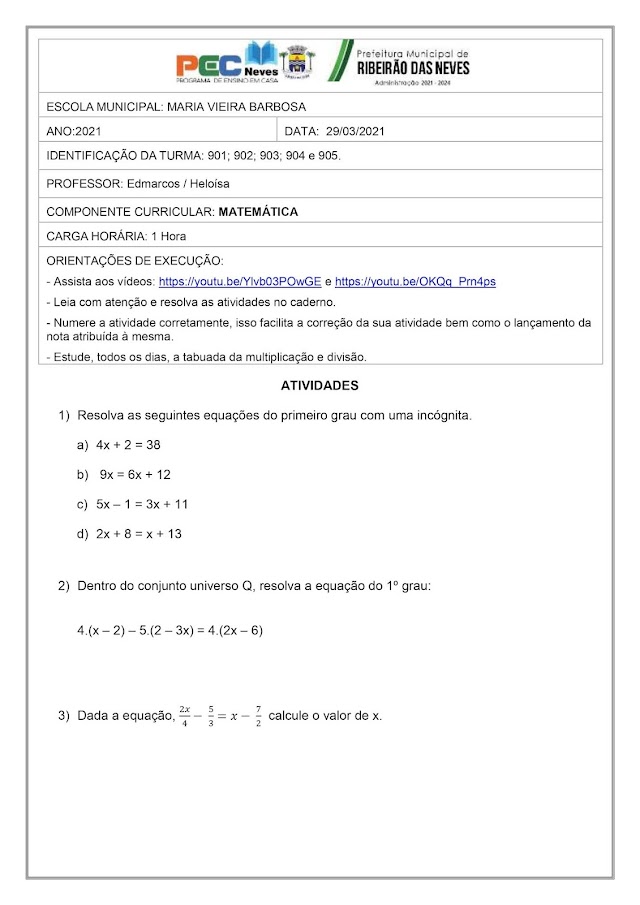 Exercícios de Matemática -29/03/2021 a 02/04/2021.