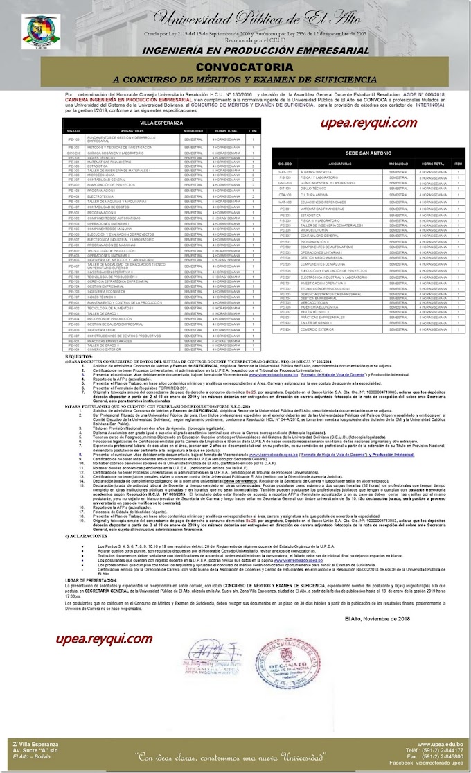 Ingeniería en Producción Empresarial UPEA I/2019: Convocatoria para ser “Docentes Interinos” mediante Concurso de Méritos y Examen de Suficiencia