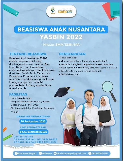 Pendaftaran Beasiswa Anak Nusantara Yasbin 2022 Untuk Pelajar SMA/SMK/MA