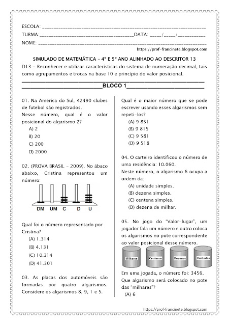 SIMULADO DE MATEMÁTICA – 4º E 5º ANO ALINHADO AO DESCRITOR 13