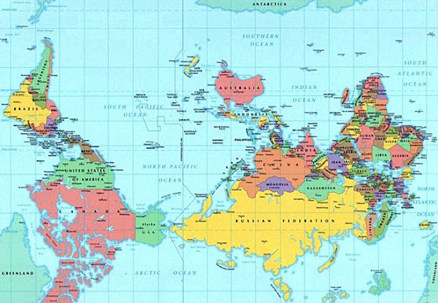 Reversed Map with Southern Hemisphere at Top of Map (because position of North is arbitrary)