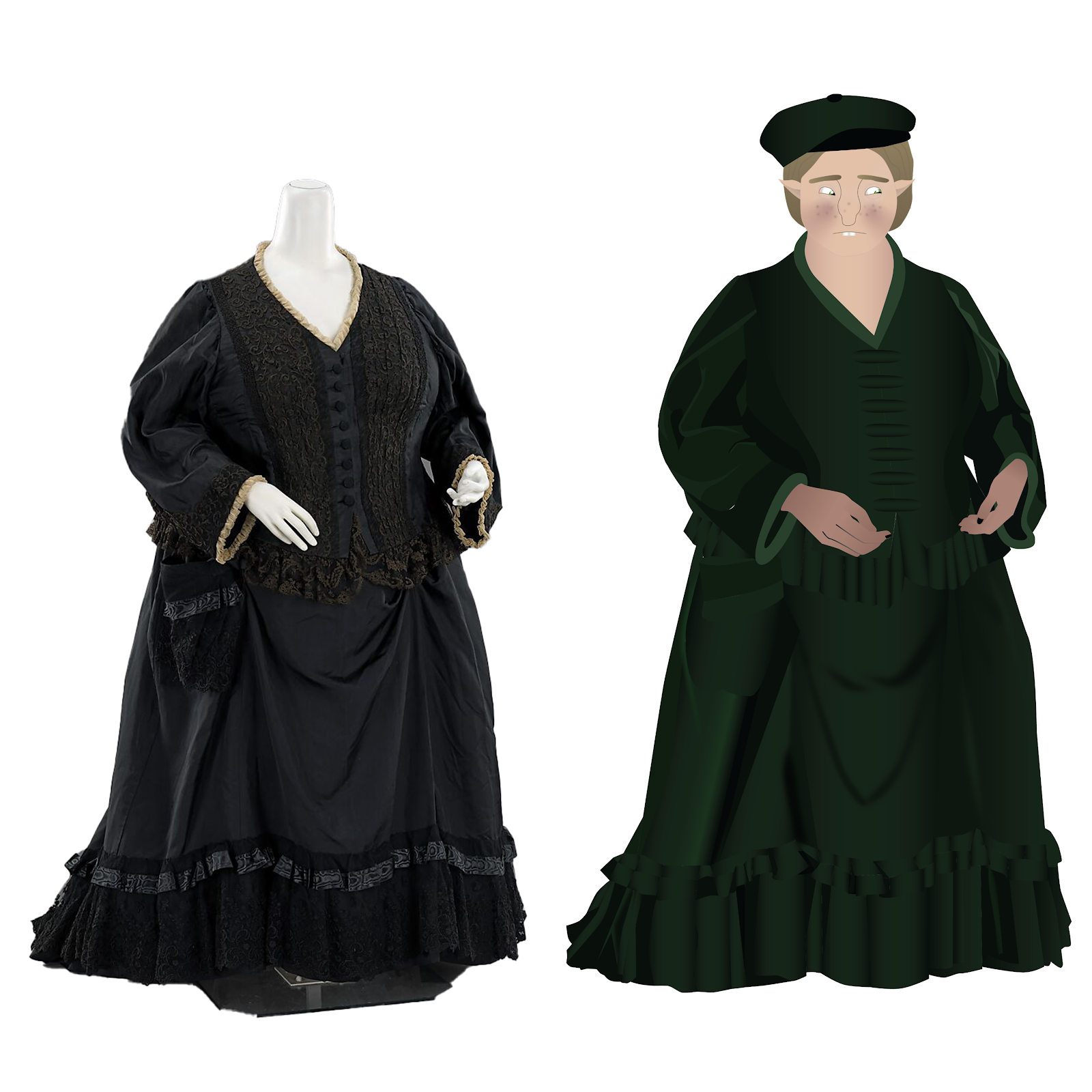 Modern photograph of the front of Queen Victoria's original mourning dress on the left, hobbit-lass wearing a similar dress on the right