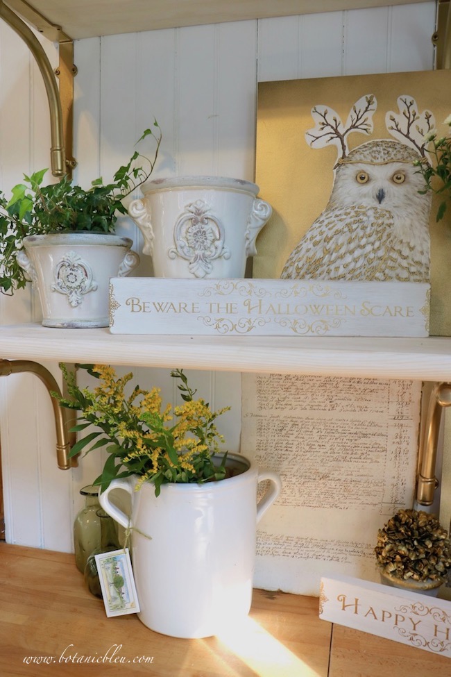 White ceramic urns with raised French style medallions add French Country style to open shelves