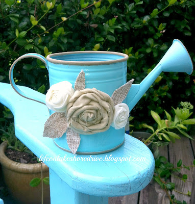 Blue Watering Can Makeover with Rosettes