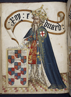 Eduardo III da Inglaterra com o manto da Ordem da Jarreteira no Livro de William Bruges (1430-40), primeiro Garter King of Arms ou rei de armas Jarreteira (Stowe MS 594, conservado na British Library).