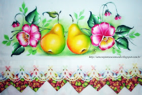 pintura em tecido pano de prato frutas e flores