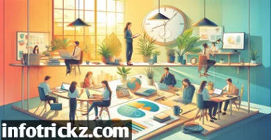 A group of professionals working in an office, showcasing work-life balance and a harmonious work environment.