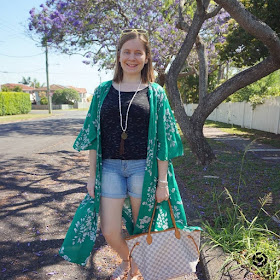 awayfromtheblue Instagram | Jeanswest Delilah Long Line Kimono in Green Floral jacaranda tree and denim shorts tee Louis Vuitton neverfull