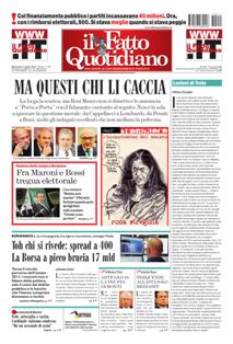 Il Fatto Quotidiano del 11 Aprile 2012 | ISSN 2037-089X | TRUE PDF | Quotidiano | Cronaca | Politica
Il quotidiano è edito dal 23 settembre 2009. L'uscita del giornale è stata preceduta da una lunga fase preparatoria iniziata il 28 maggio 2009 con l'annuncio del nuovo quotidiano dato sul blog voglioscendere.it da Marco Travaglio.
Il nome della testata è stato scelto in memoria del giornalista Enzo Biagi, conduttore del programma televisivo Il Fatto, mentre il logo del bambino con il megafono si ispira al quotidiano La Voce, in omaggio al suo fondatore Indro Montanelli.
L'editore ha manifestato la volontà di rinunciare ai fondi del finanziamento pubblico per l'editoria e di sovvenzionarsi soltanto con i proventi della pubblicità e delle vendite, e di usufruire solo delle tariffe postali agevolate per i prodotti editoriali sino alla loro abrogazione nell'aprile 2010.