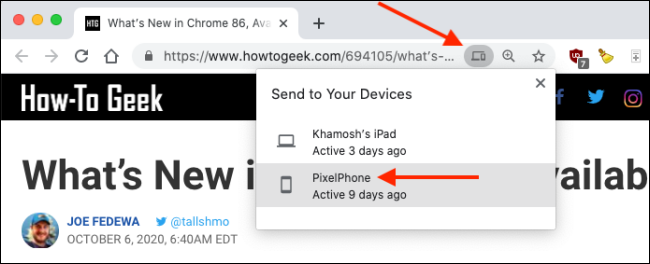 نقل Tab إلى iPhone أو iPad من Chrome URL Bar على Mac