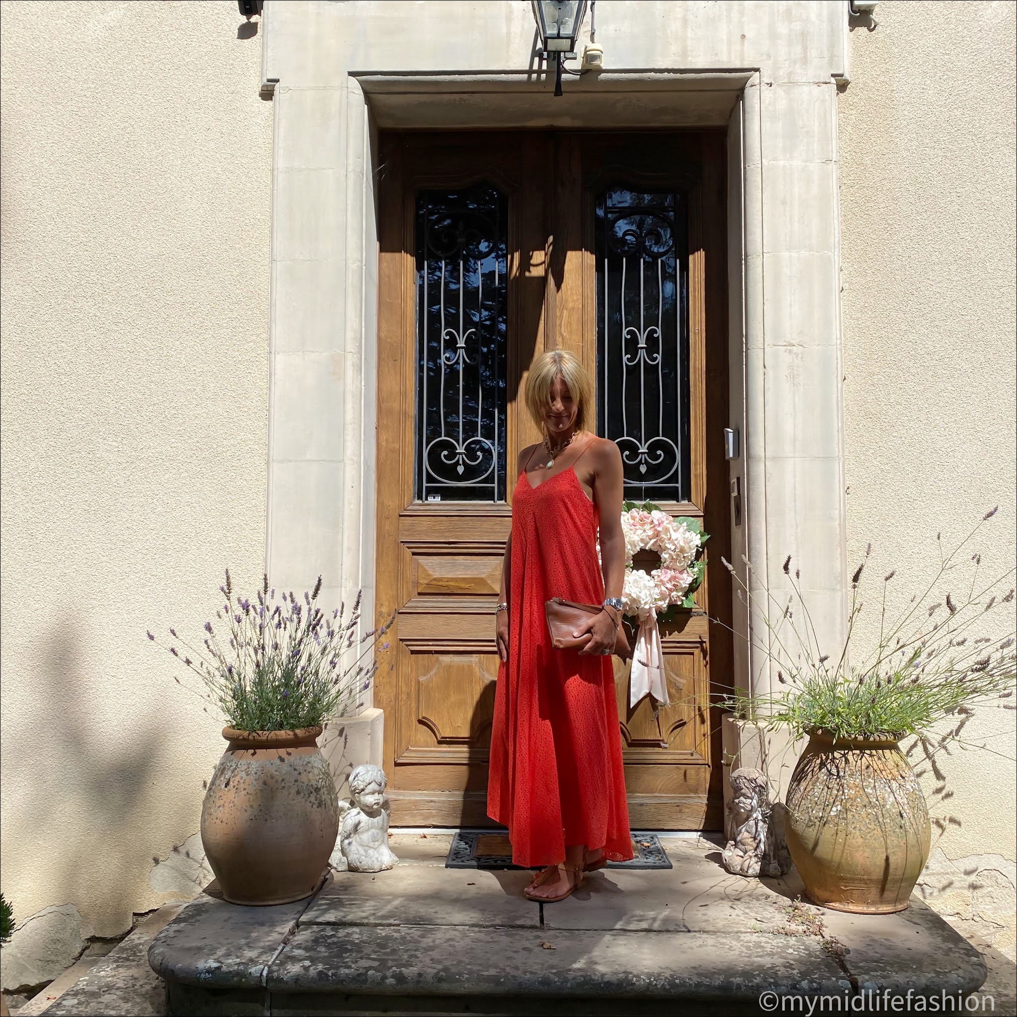 my midlife fashion, tibi broderie maxi dress, Massimo Dutti leather clutch bag, Carvela leather thong sandals