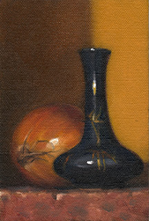 Still life oil painting of a blue garlic-head vase beside an onion.