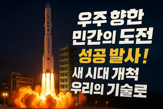밤하늘을 배경으로 한국 민간 우주 발사체가 강력한 불꽃과 연기를 뿜으며 성공적으로 발사되는 장면
