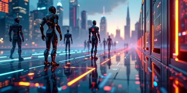 Cybersecurity solutions in Futuristic city with robots and glowing data streams.