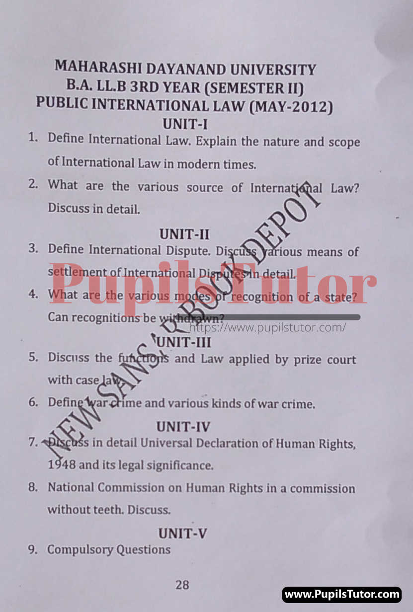 MDU (Maharshi Dayanand University, Rohtak Haryana) LLB Regular Exam (Hons.) Second Semester Previous Year Public International Law Question Paper For May, 2012 Exam (Question Paper Page 1) - pupilstutor.com