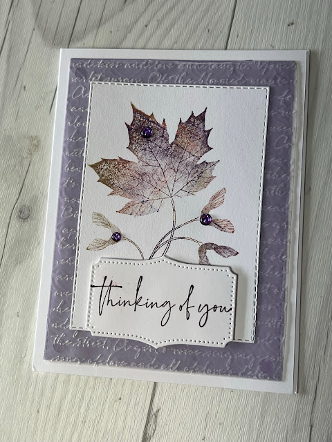 Fall card with multi-colored leaf on a embossed vellum backhround