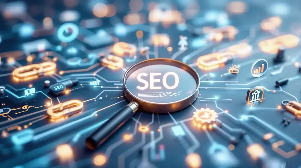 Illustration of interconnected websites with glowing backlinks, a magnifying glass highlighting a site rising in Google search results, and SEO icons representing trust, authority, and rankings.