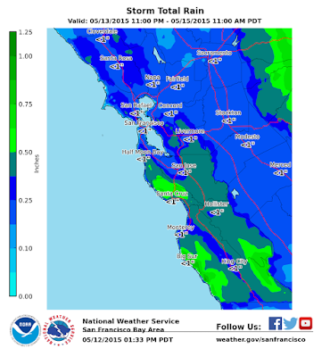 Graphic showing rainfall amounts for Monterey County; Amounts vary, but all are under an inch total 