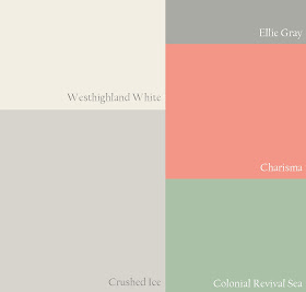 coral and mint green, sherwin williams, charisma, colonial revival sea green, westhighland white, crushed ice, ellie gray