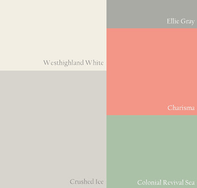 coral and mint green, sherwin williams, charisma, colonial revival sea green, westhighland white, crushed ice, ellie gray